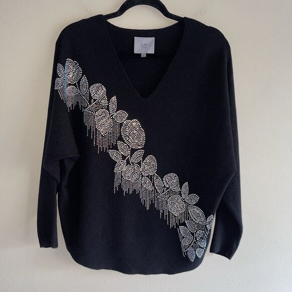 Liv Milano Black Evening Sweater L Top Floral Metallic Beading Knit Lightweight - Picture 1 of 10